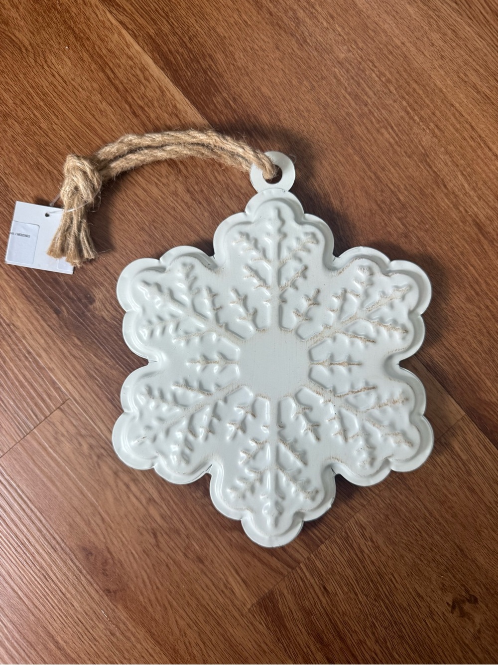 White Metal 8.5” Snowflake Hanging Ornament with Twine Loop